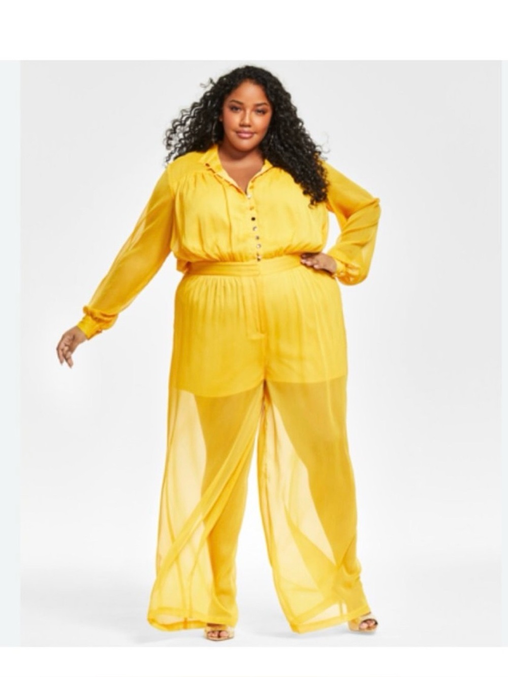 Nina Parker Yellow Wide Leg Long Sleeve Button Front Jumpsuit 24W